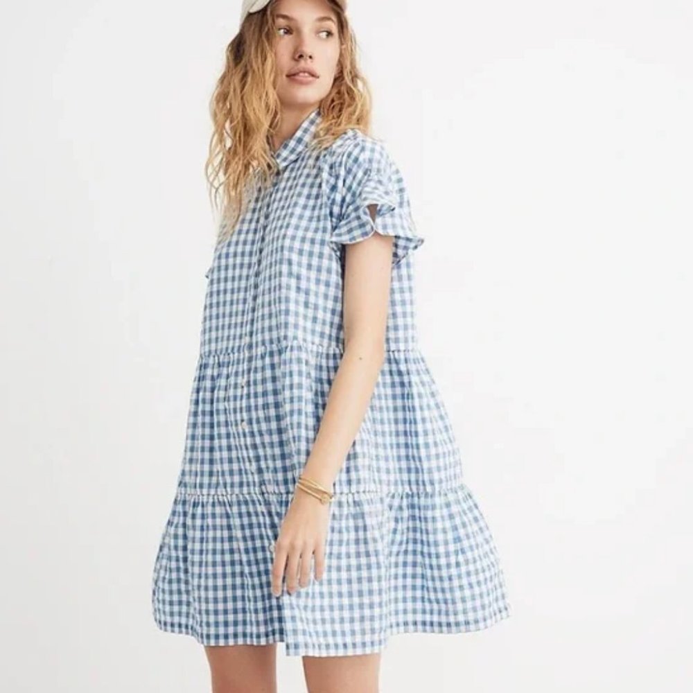 Madewell Ruffle Sleeve Tiered Shirtdress in Gingham Check Medium